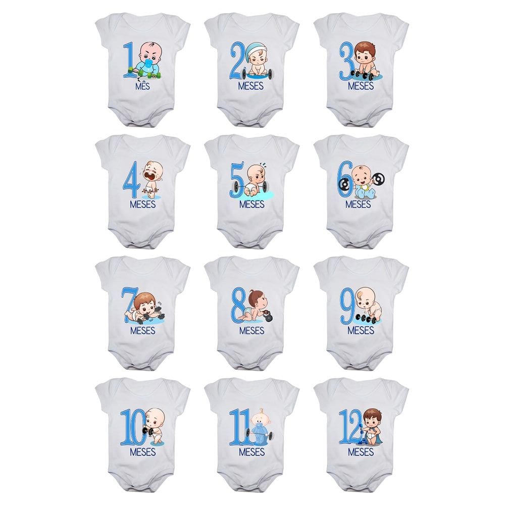 Body de Bebê Mesversario Neném Personal Kit 12 Bodies de 1 a 12 Meses