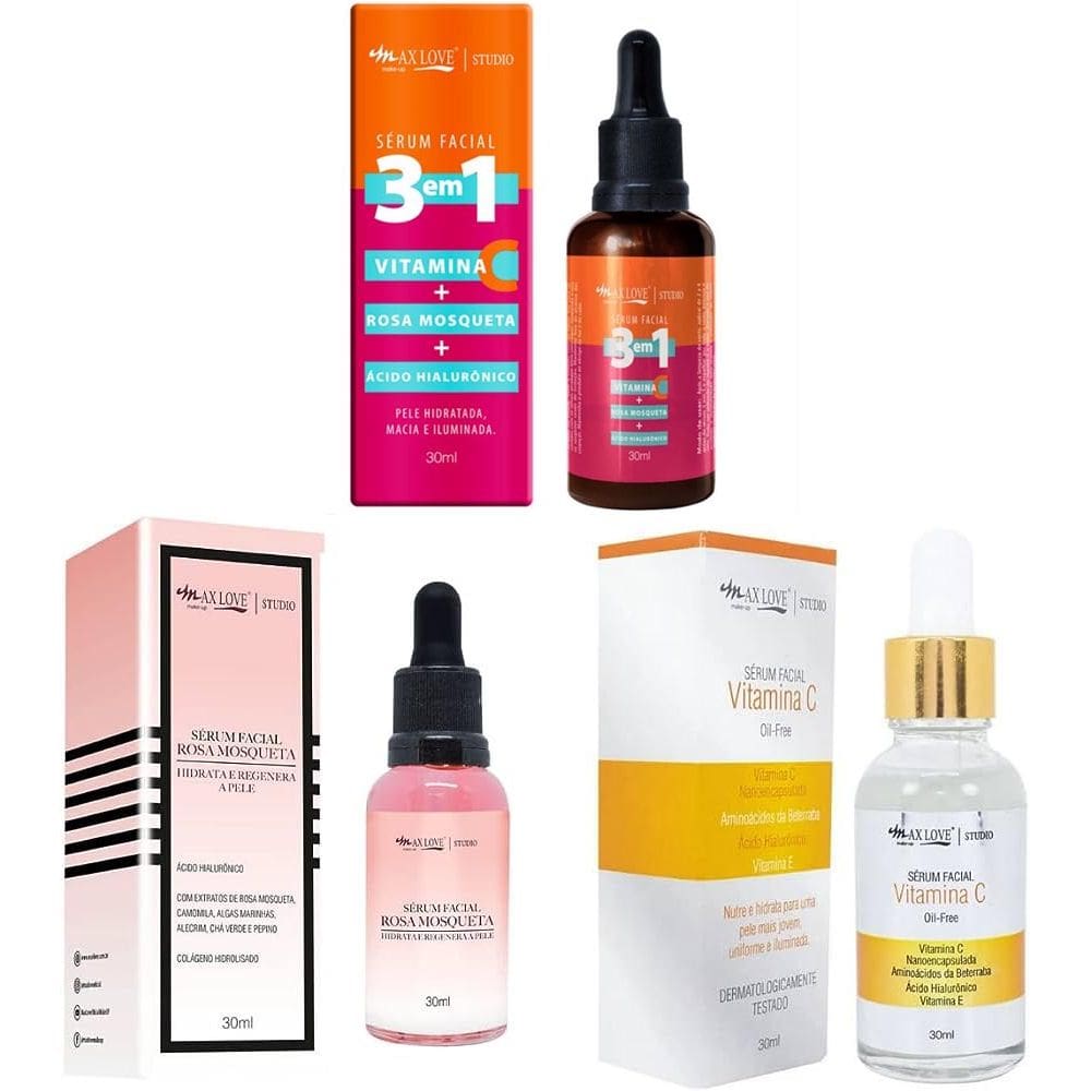 Kit c/ 3 Sérum Max Love Vitamina C + Sérum 3 em 1 + Sérum Rosa Mosqueta