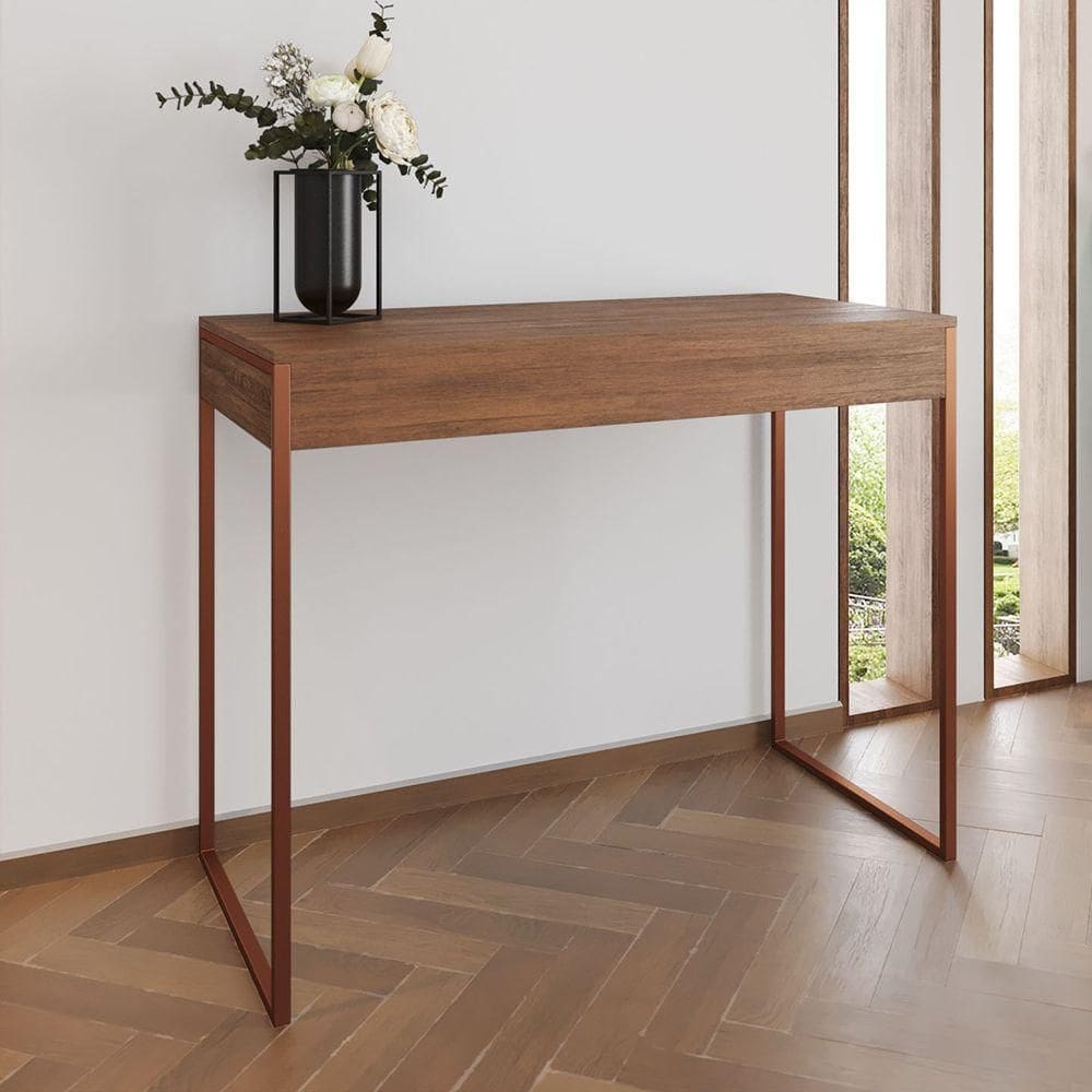 Aparador Industrial Retangular Califórnia Amêndoa 137X40Cm Base Cobre - Cor: Marrom