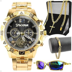 Relogio Banhado Masculino + Oculos Sol + Cordão Casual Religioso Proteção Uv Ouro