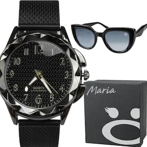 Relogio Feminino Aço Preto + Caixa + Oculos Proteção Uv Sol Black Piano Resistente Casual Gatinho
