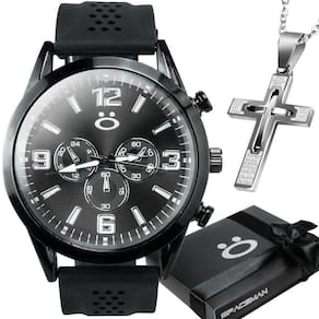Relogio Aço Inox Preto + Corrente Crucifixo + Caixa Qualidade Presente Social Casual