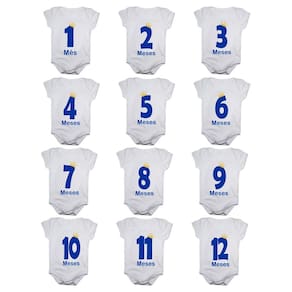 Kit body bebê mesversario manga curta estampa números menino 12 bodies 1 a 12 meses