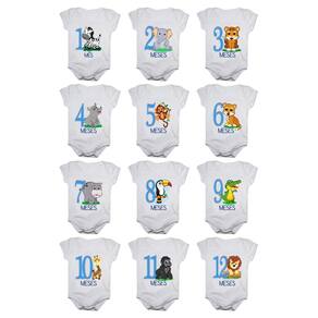 Kit body mesversario manga curta safari 12 bodies de bebê 1 a 12 meses
