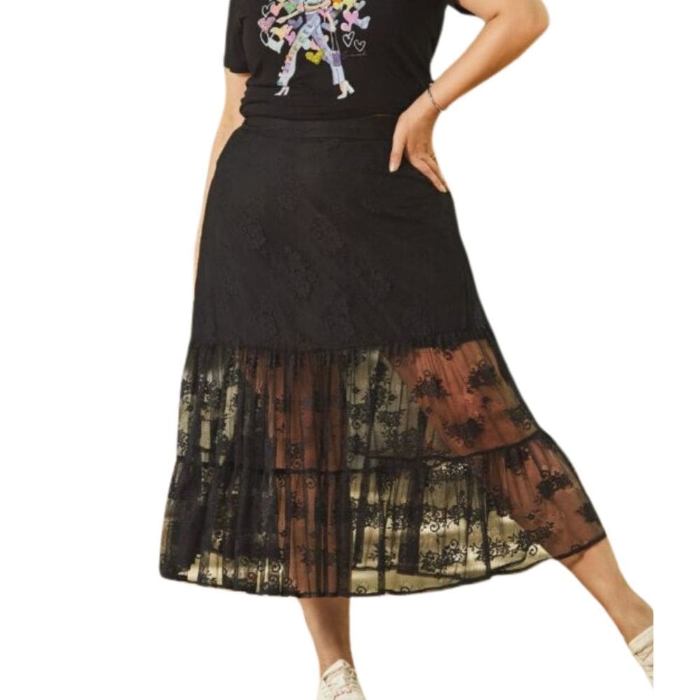 Saia Midi Social Tule Rendada Forrada Preta Plus Size Tam 48 Melise Savannah