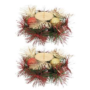 Kit 2 Castiçal De Natal Decorado Luxo Bolas e Folhagens Dourado e Vermelho 15cm - Master Christmas