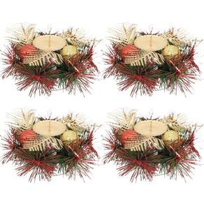 Jogo Castiçal Natal Decorado Luxo Bolas e Folhagens Dourado e Vermelho 15cm 4 Unidades - Master Christmas