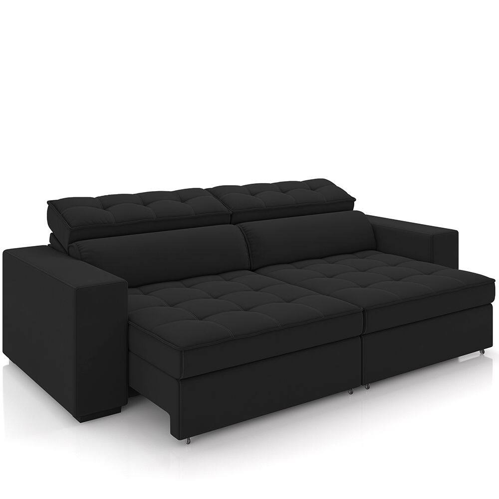 Sofá Retrátil Reclinável Para Sala de Estar Living 246cm Clara M03 Veludo Preto - Lyam Decor