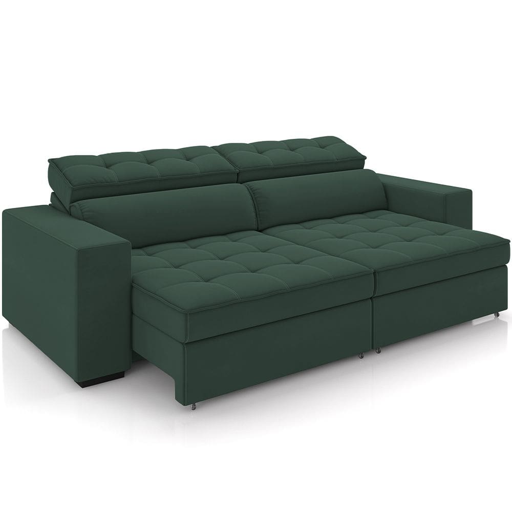Sofá Retrátil Reclinável Para Sala de Estar Living 246cm Clara M03 Veludo Verde Musgo - Lyam Decor