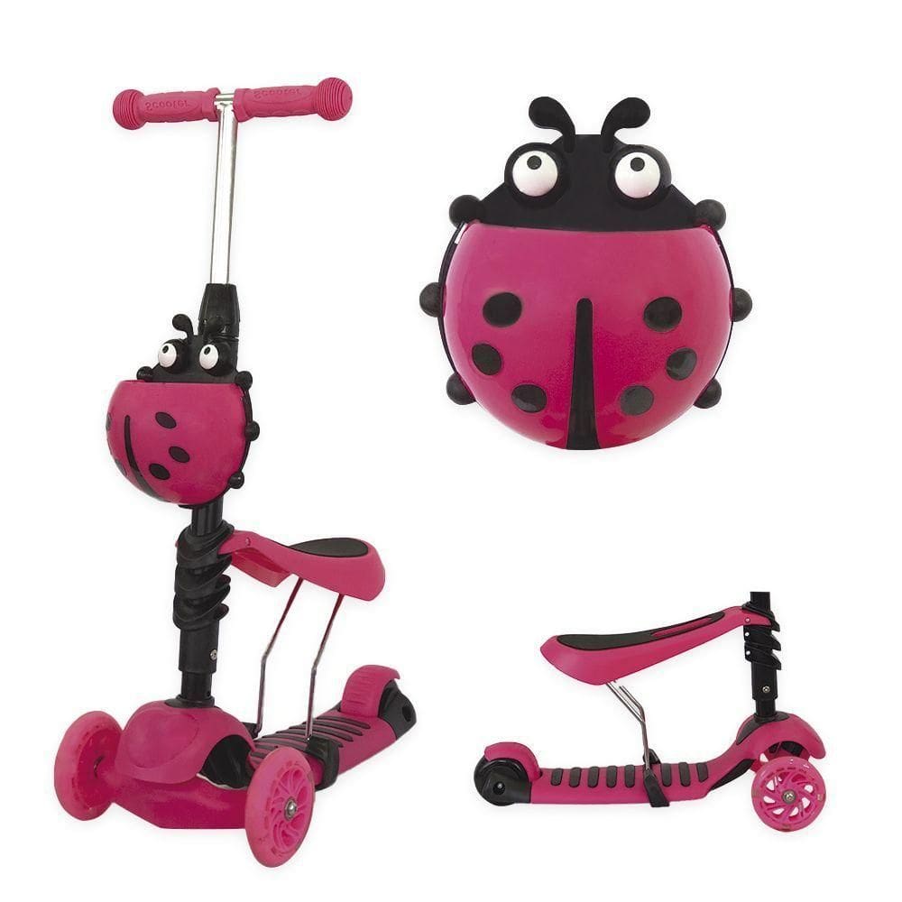 Patinete Infantil 3 Rodas Led Dobrável Joaninha Banquinho