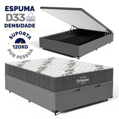 imagem-Cama Box Baú com Colchão de Espuma D33 Ortobom Airtech 100 Casal 138cm - Cinza