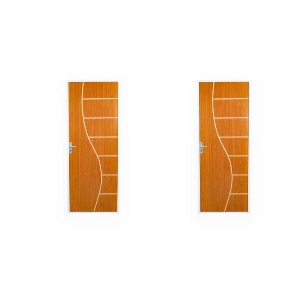 2 Kits Porta de Madeira Decorada 215x75cm com Batente de Aço 6cm Cantareira Mogno
