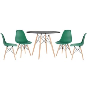 Mesa Redonda Eames 100 Cm Preto + 4 Cadeiras Eiffel Dsw Verde Escuro