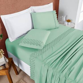 Jogo Cama Lençol Bouclê Solteiro Micro Percal 200 Fios c/ Laise Bordada 3 Peças - Verde Salvia