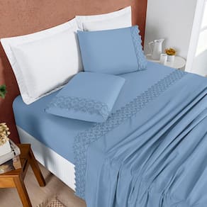 Jogo Cama Lençol Bouclê Solteiro Micro Percal 200 Fios c/ Laise Bordada 3 Peças - Azul Ice Blue