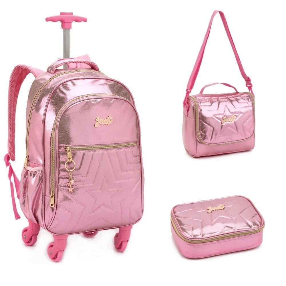 Kit Mochila De Rodinhas + Lancheira + Estojo Box Just Estrelas Denlex Rosa