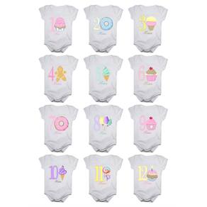 Kit body bebê mesversario manga curta estampa docinhos 12 bodies 1 a 12 meses