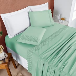 Jogo Cama Lençol Bouclê King Micro Percal 200 Fios c/ Laise Bordada 4 Peças - Verde Salvia