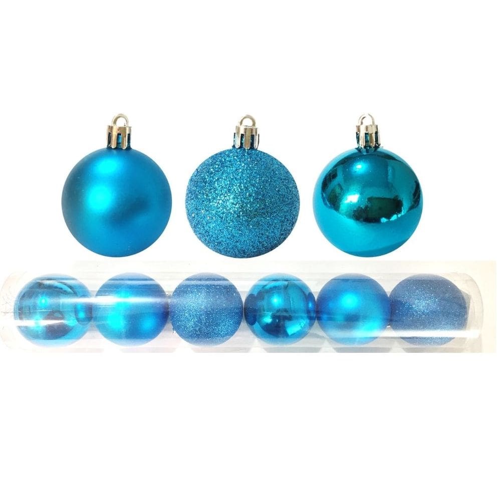 Kit 6 Bolas Natal Mista Glitter, Fosca, Lisa Azul Turquesa 8cm - Master Christmas
