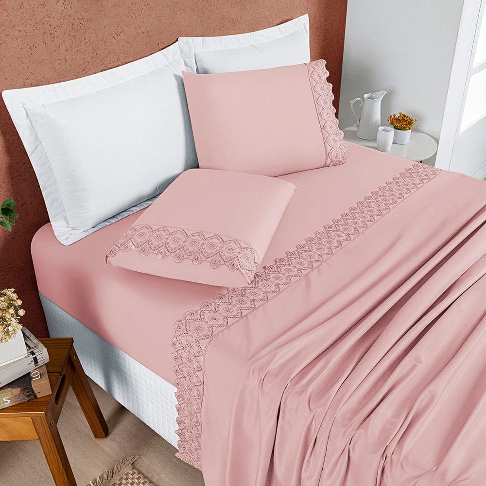 Jogo Cama Lençol Bouclê Casal Padrão Micro Percal 200 Fios c/ Laise Bordada 4 Peças - Sal Rosa