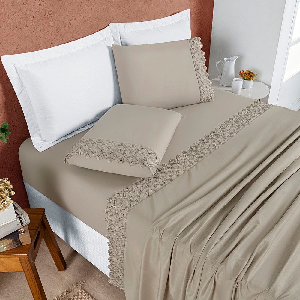 Jogo Cama Lençol Bouclê Queen Micro Percal 200 Fios c/ Laise Bordada 4 Peças - Bege Taupe