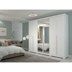 Guarda Roupa Casal Em Mdf 6 Portas Com Espelhos E Pés Guarapari Panan Móveis Branco