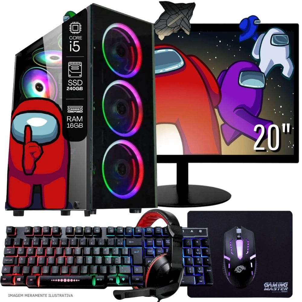 Computador Gamer Completo TOB Intel Core i5 SSD 240GB 16GB Teclado Mouse Mouse Pad e Headset Gamer Monitor 20" Windows 10 Pro Trial