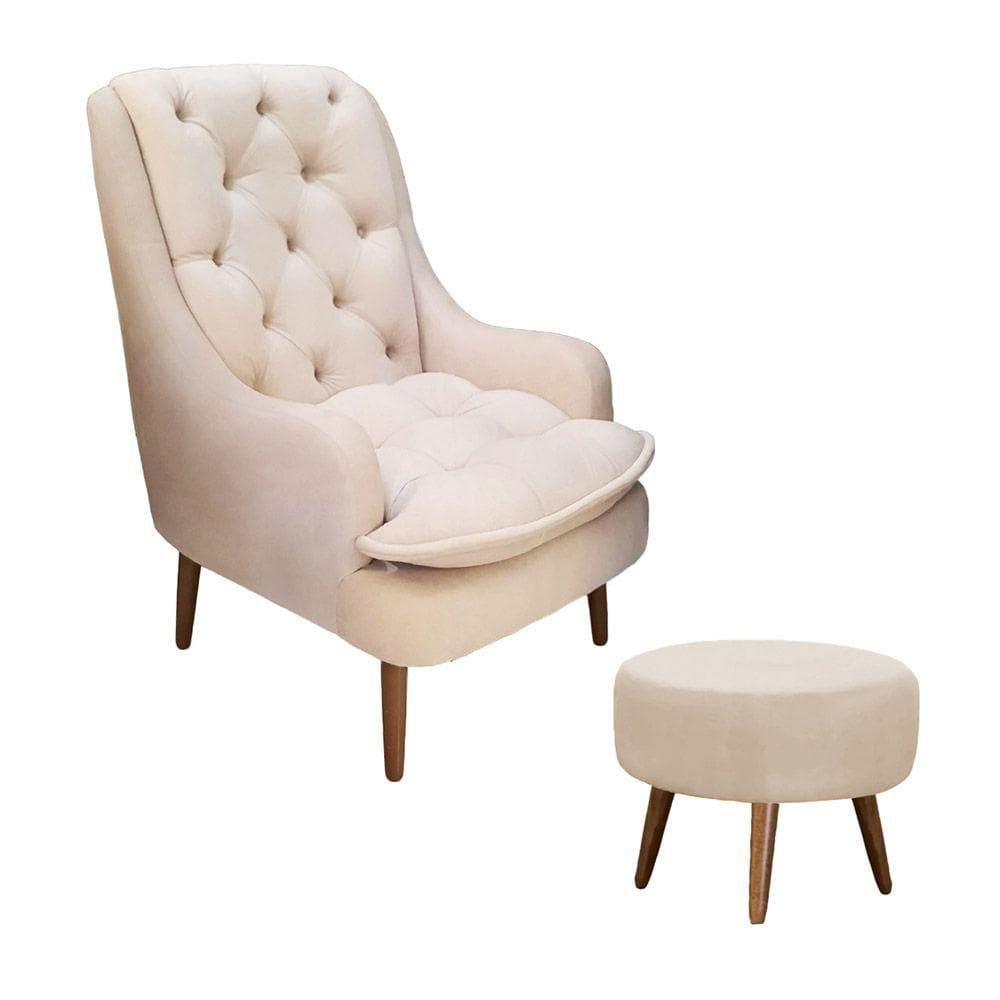 Conjunto Poltrona E Puff Decorativo Sala De Estar Pés Palito Lesli Suede Bege - Majú Decor