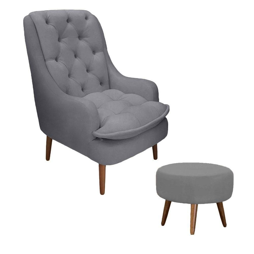 Conjunto Poltrona E Puff Decorativo Sala De Estar Pés Palito Lesli Suede Cinza - Majú Decor