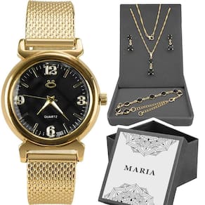 Relogio Feminino Aço Inox + Colar Strass + Pulseira Strass Casual Dourado Moda Presente Ajustavel