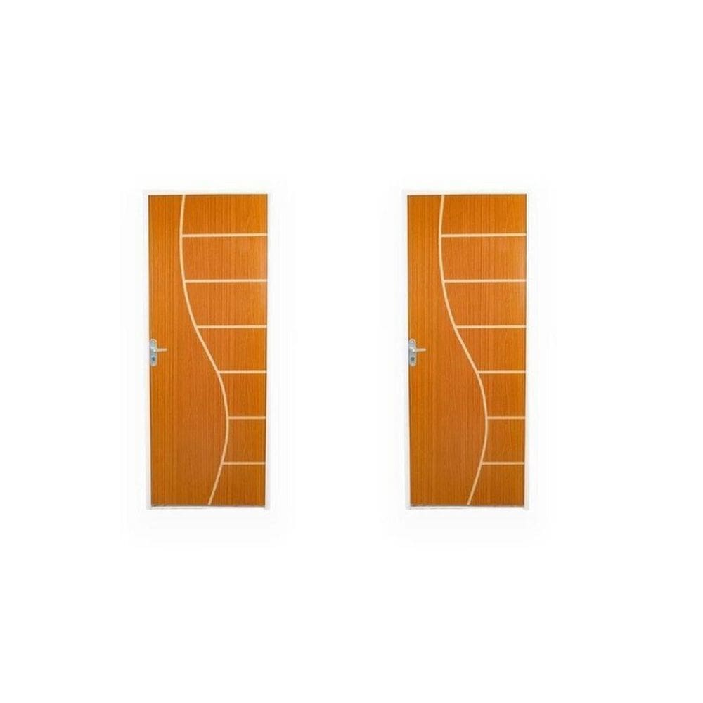 2 Kits Porta de Madeira Decorada 215x65cm com Batente de Aço 06cm Cantareira Mogno