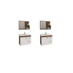 Kit com 2 Gabinetes Suspensos com Cuba e Espelheira Isa Amêndoa/Branco