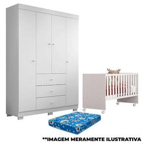 Berço Nacional Doce Sonho 3540 e Guarda Roupa Duda 4 Portas Branco Brilho com Colchão – Phoenix Baby