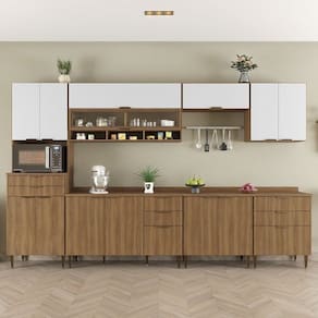 Cozinha Compacta 7 Peças 13 Portas 8 Gavetas Paris Nogal Manchester/ Branco Brilhante