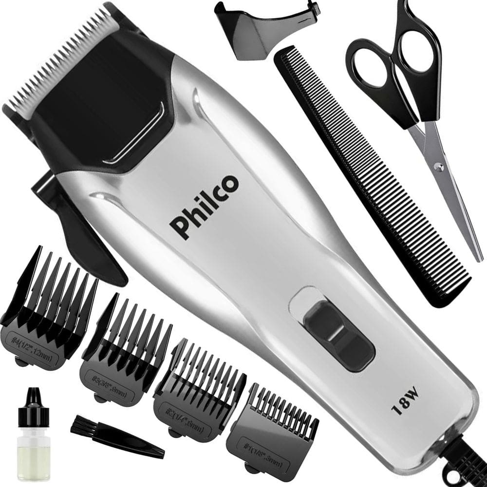 Kit Máquina Cortar Cabelo Barba Philco 4 pentes PCR04 110V 9 Acessórios 18W Cerâmica 3mm 6mm 9mm e 12mm