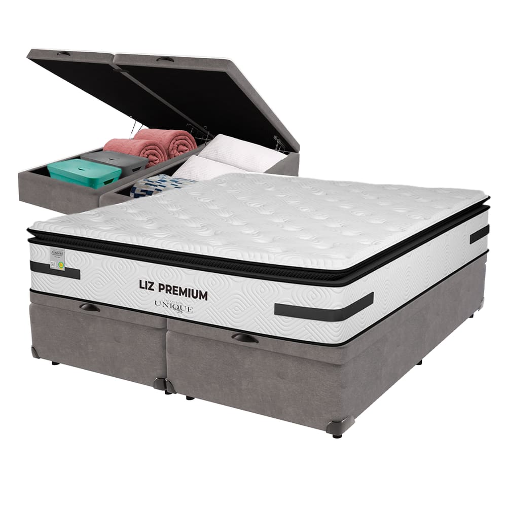 Cama Box Baú Cinza e Colchão King Liz Premium Molas Ensacadas Unique