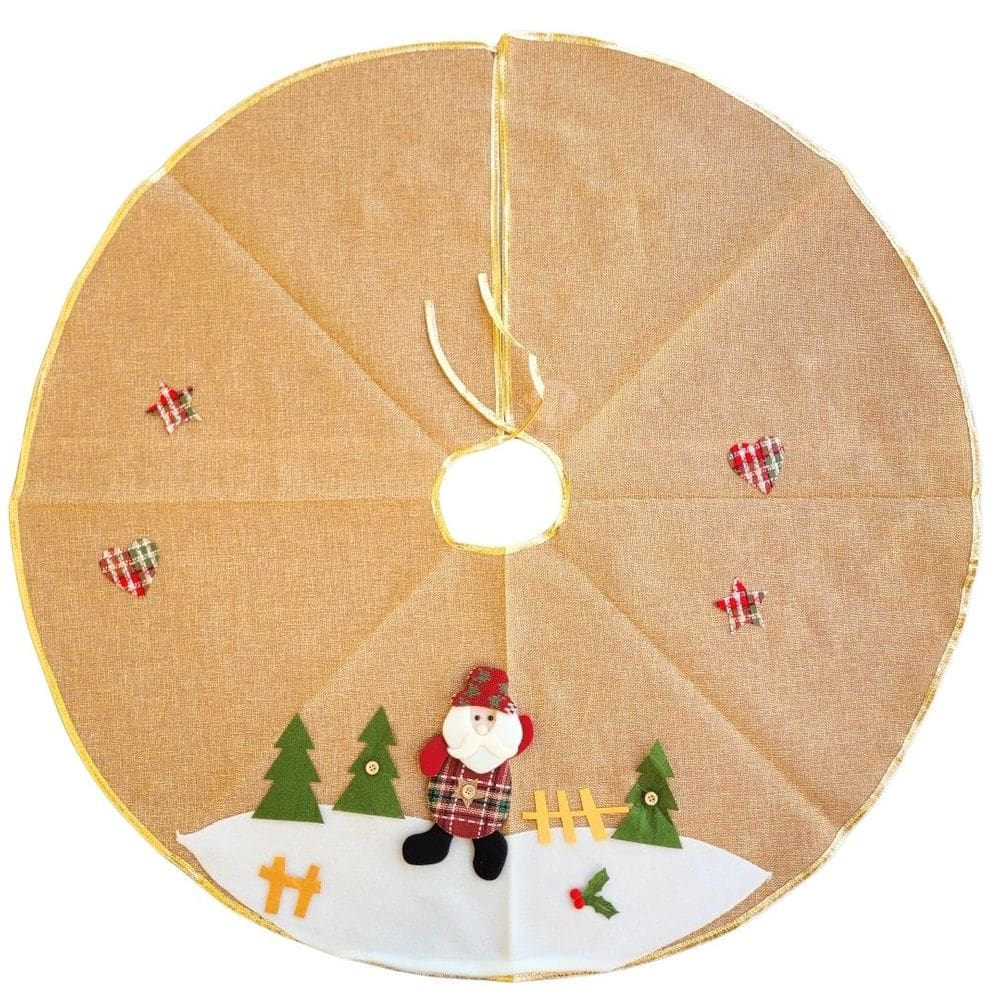 Saia para Árvore de Natal Linho Bege e Dourado Pelúcia Papai Noel 90cm - Master Christmas