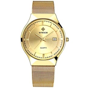 Relógio Masculino Ultra Fino De Quartzo Minimalista Pulseira De Malha Impermeável Dourado