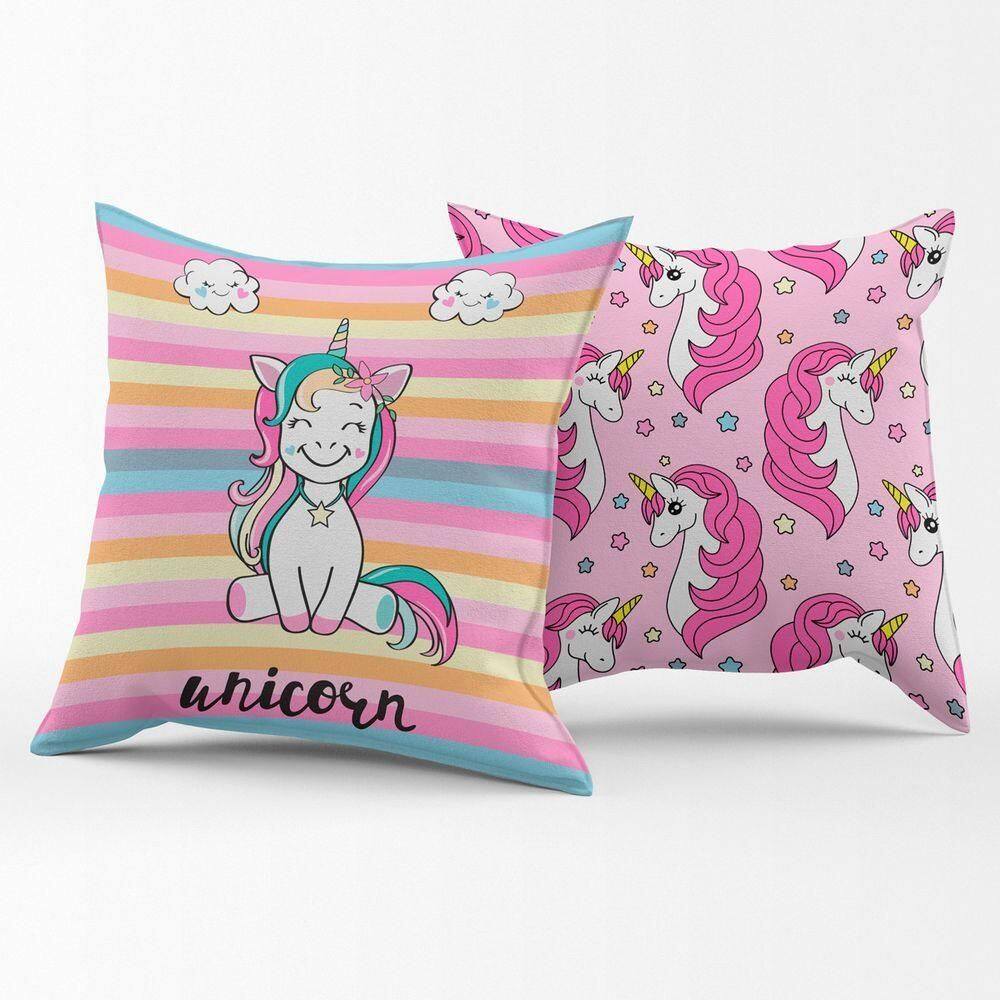 Par De Capas De Almofadas Estampadas Unicórnio Listrado Pink 45cm X 45cm Para Quarto