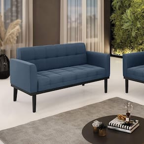 Poltrona Namoradeira Decorativa Pés Fixo Em Madeira Preto Suede Azul Marinho