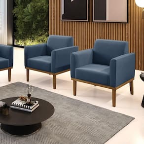 Kit 2 Poltronas Decorativas Pés Fixo Em Madeira Castanho Suede Azul Marinho