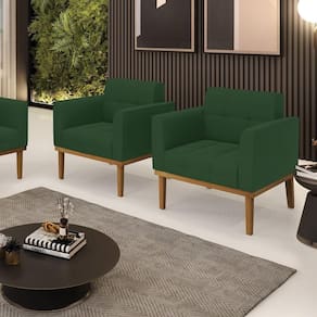 Kit 2 Poltronas Decorativas Pés Fixo Em Madeira Castanho Veludo Verde Esmeralda