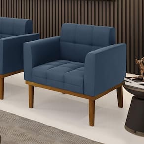 Poltrona Decorativa Pés Fixo Em Madeira Castanho Suede Azul Marinho