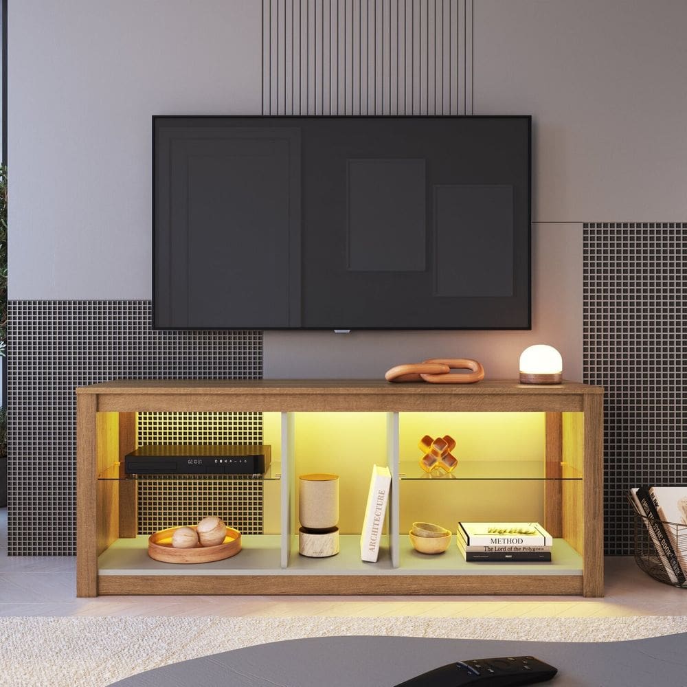 Rack para Tv até 55 Polegadas com 2 Prateleiras em Vidro e Iluminação em Led Rgb Mel / Arenas