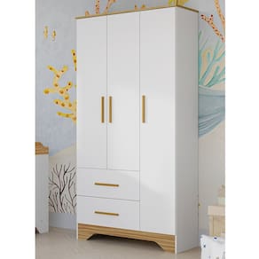 Guarda-roupa Infantil 3 Portas e 2 Gavetas 100% Mdf Liam Branco Brilho/Amêndoa