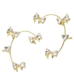 Brinco Estilo EarCuff Dourado Laços Strass Luxo Feminino