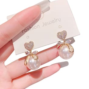 Brincos Femininos Coração Delicado Pérola Strass Brilho Luxo