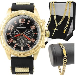 Relogio Masculino Dourado + Pulseira + Cordão Crucifixo