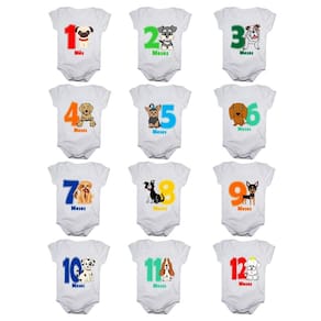 Kit body bebê mesversario manga curta estampa cachorrinhos 12 bodies 1 a 12 meses