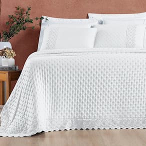 Kit Cobre Leito Colcha Bouclê Queen Laise Bordada Micropercal 200 Fios 3 Peças - Branco Neve